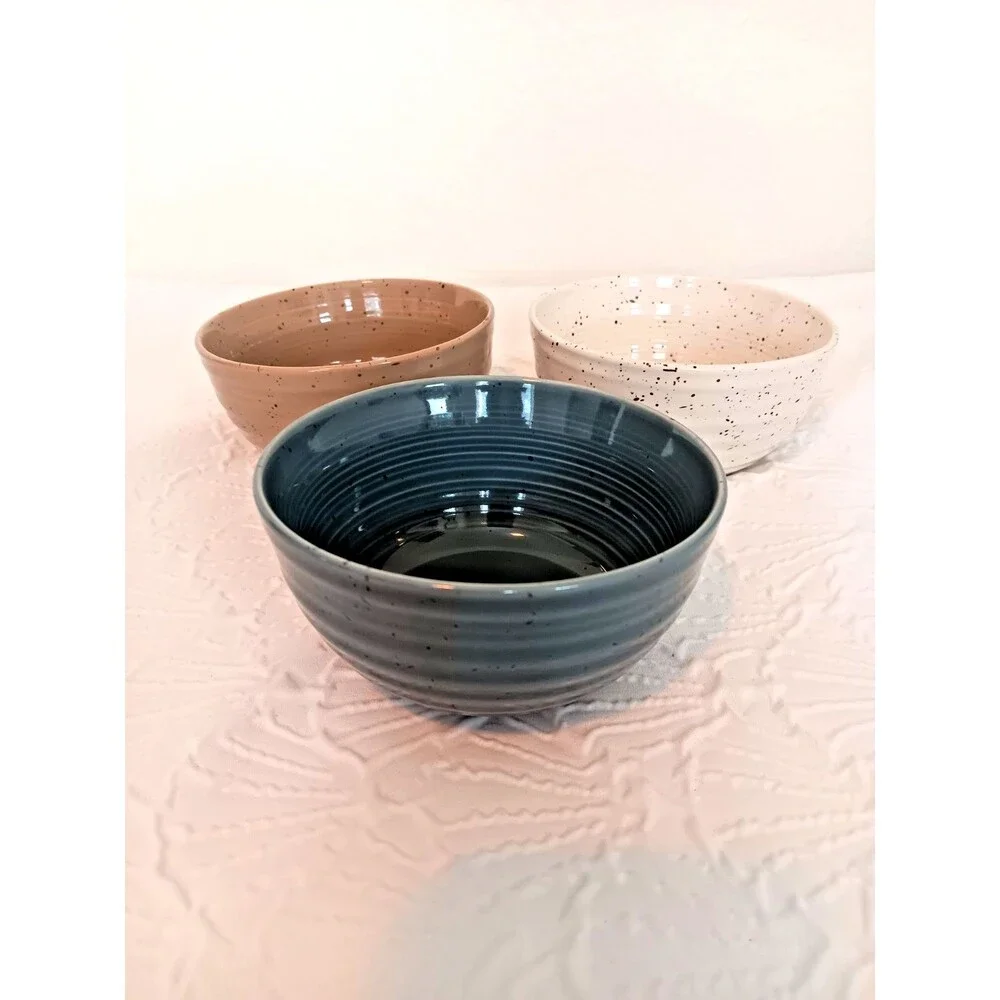 Sango China Artist’s Blend Stoneware Bowls Set of 3 Speckled Blue Tan Cream